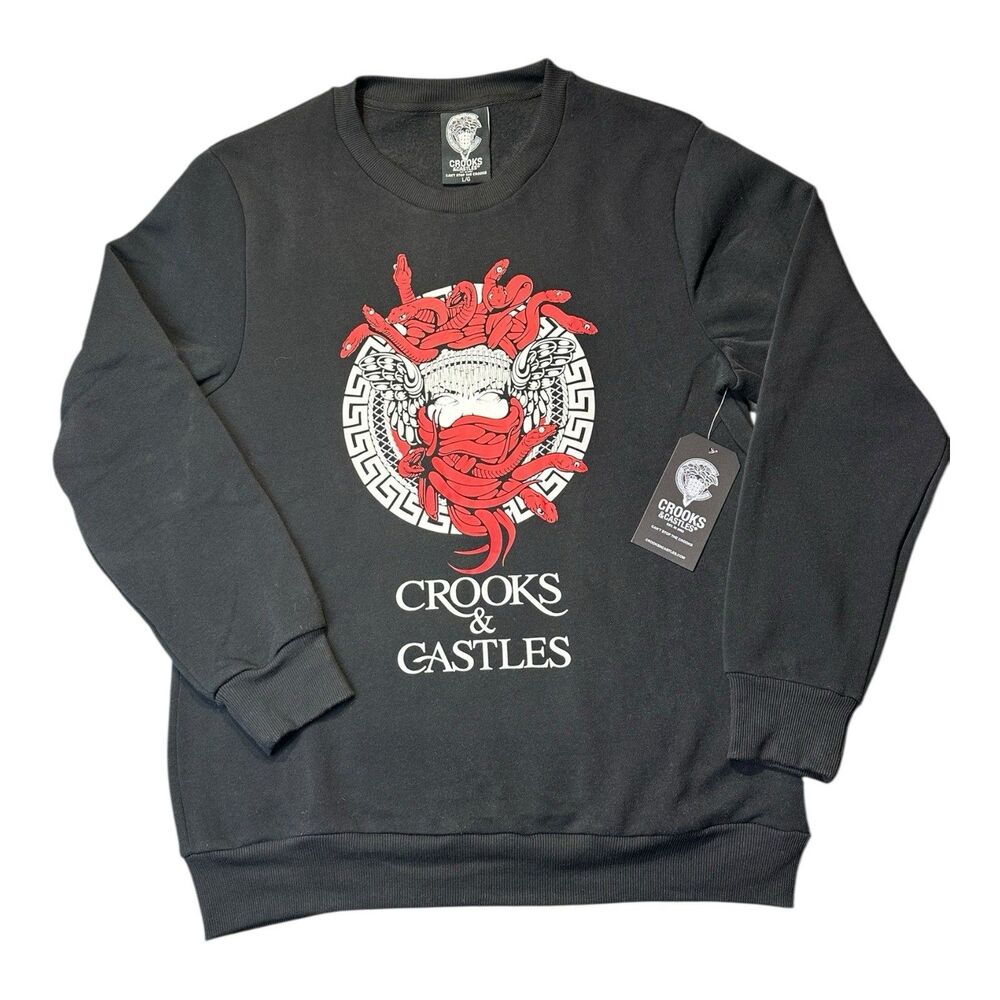 Crooks & Castles Black Sweatshirt With Red Medusa Print, Crew Neck, Men’s Large